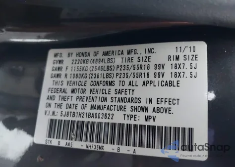 2011 Acura Rdx из США, поврежденный, VIN 5J8TB1H21BA003622